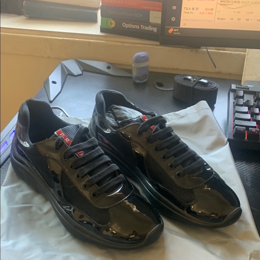 Prada Black Sneakers with Glossy Finish and Lace-Up Design